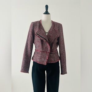 White House Black Market 10 red silver metallic Black Tweed zip Jacket